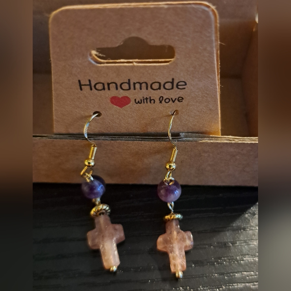 Semiprecious Amethyst Cross Dangle Earrings, 14K Over 925 Sterling Silver Hooks